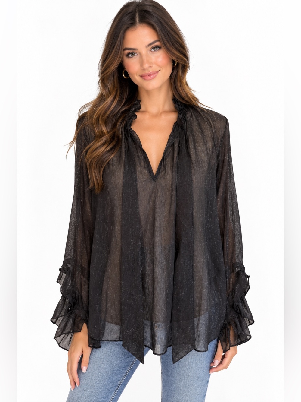 Endless Rose Black Shimmer Sheer Ruffle Blouse Oversized Long Sleeve M